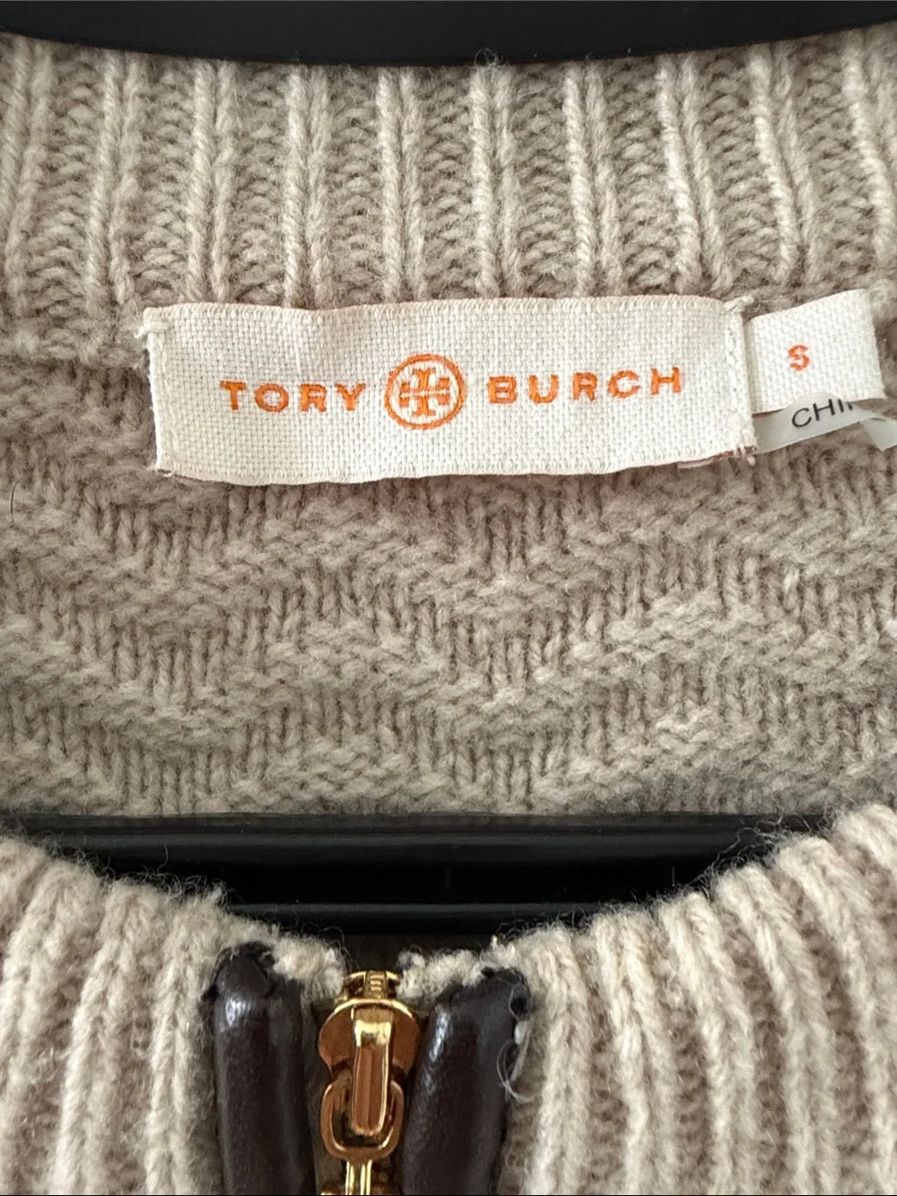 Textured Zip-Front Knit Jacket in Light Taupe. Size Small.